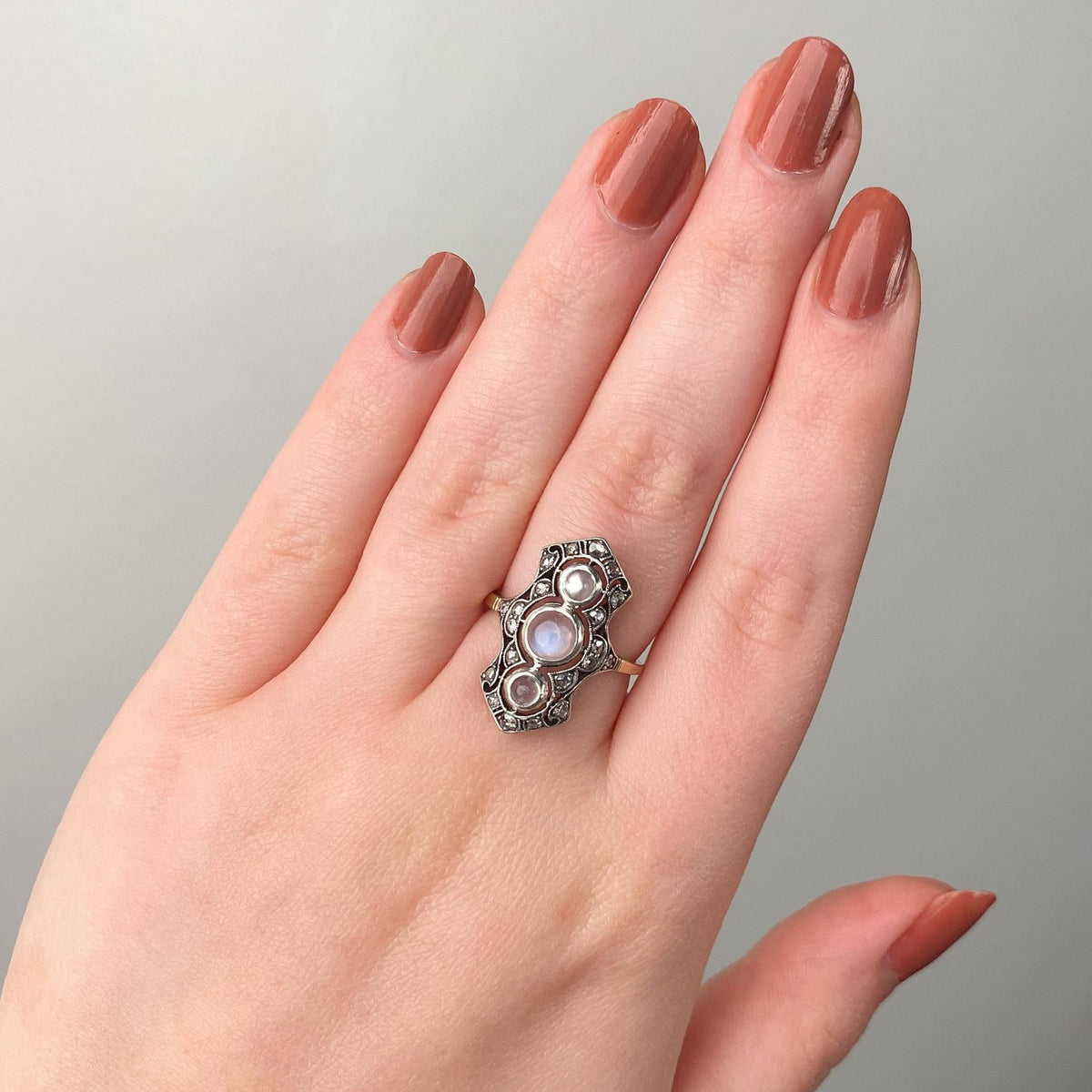 Antique Moonstone and Diamond Ring of Silver Topped 14k Gold - Trademark Antiques