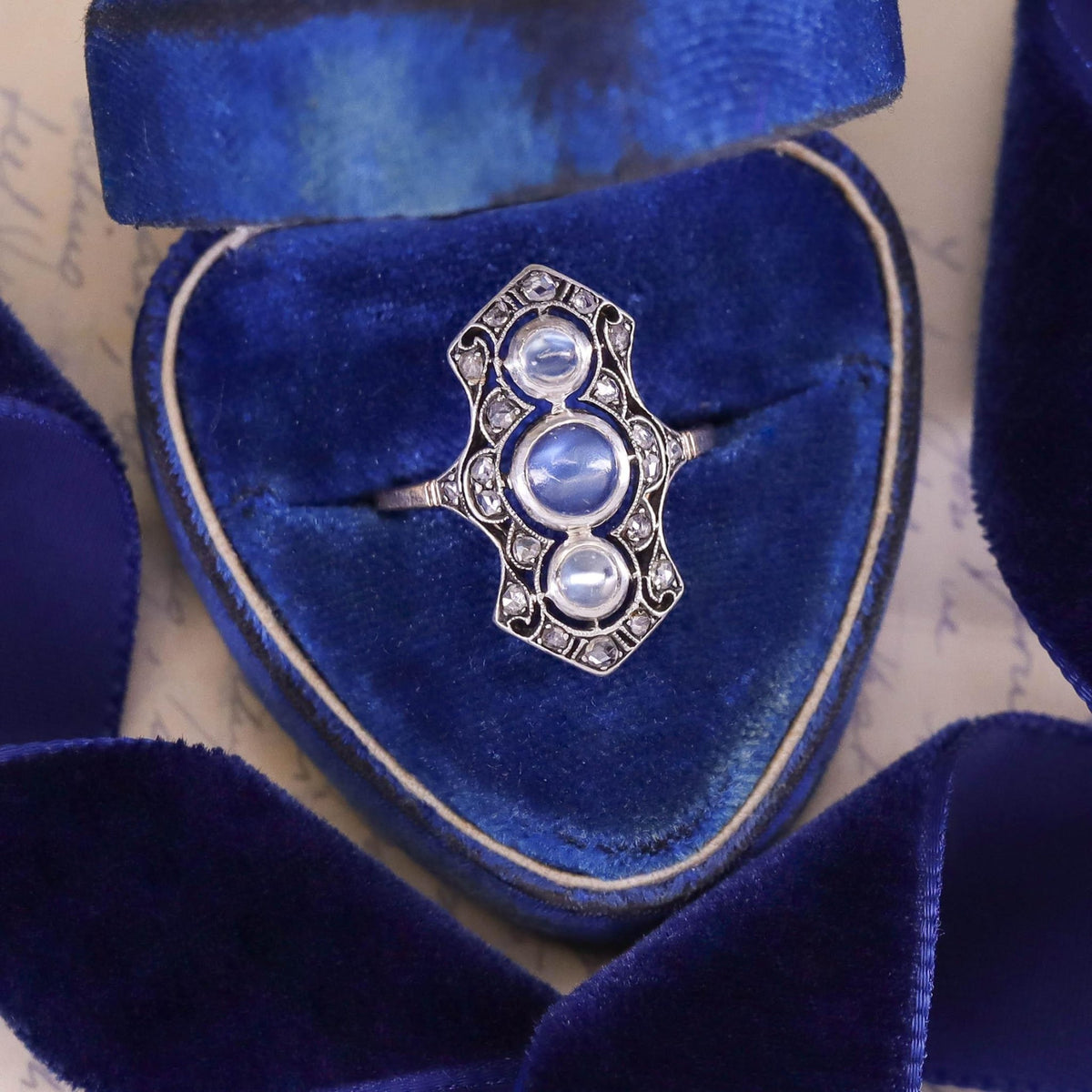Antique Moonstone and Diamond Ring of Silver Topped 14k Gold - Trademark Antiques