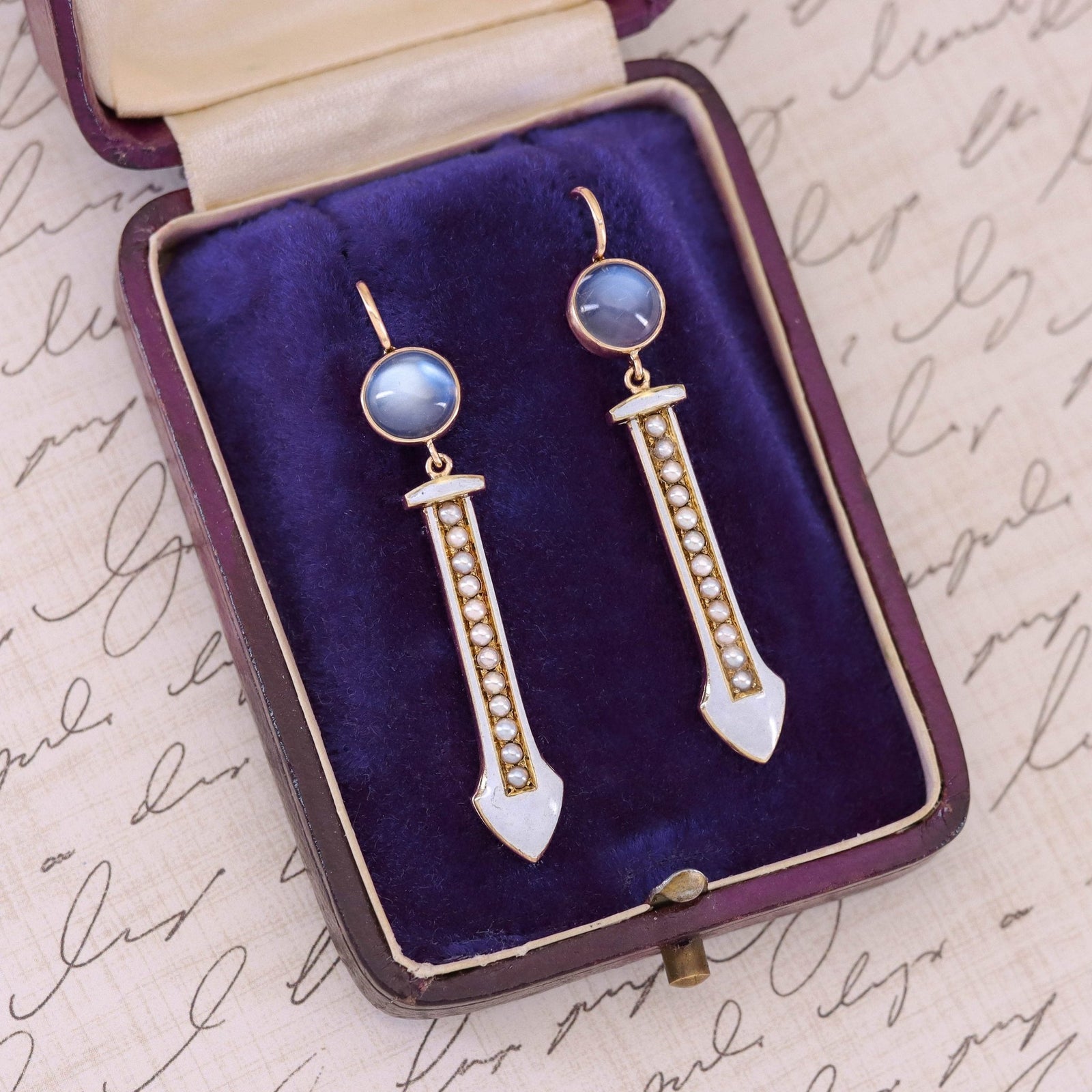 Antique Moonstone and Pearl Conversion Earrings of 14k Gold - Trademark Antiques