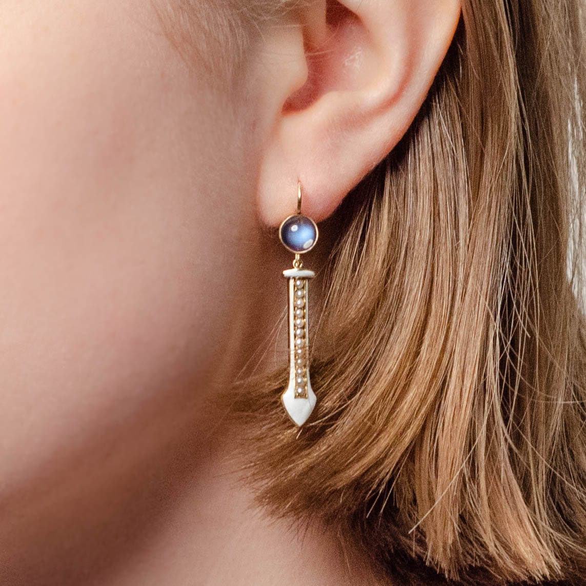 Antique Moonstone and Pearl Conversion Earrings of 14k Gold - Trademark Antiques