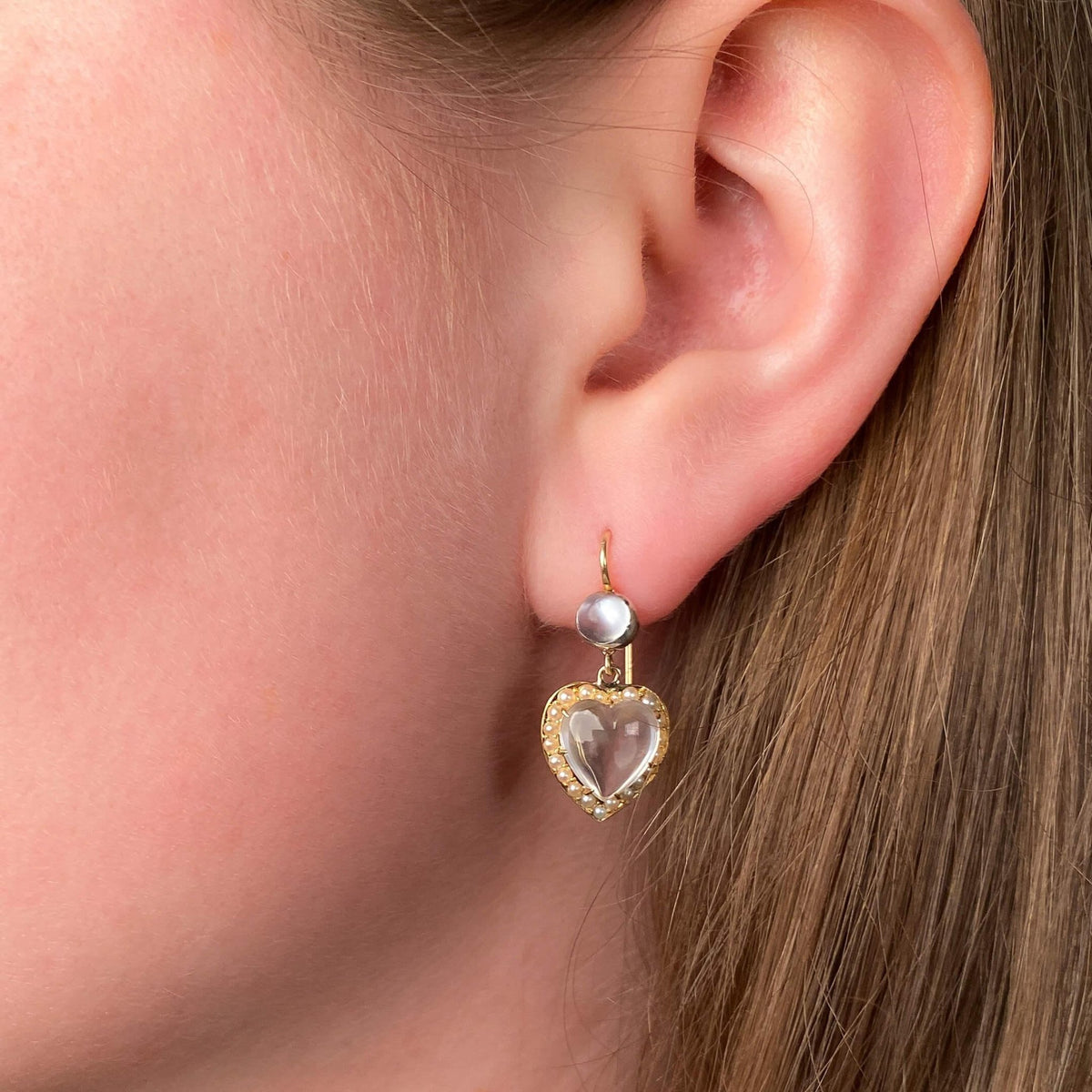 Antique Moonstone and Pearl Heart Earrings of 14k Gold - Trademark Antiques