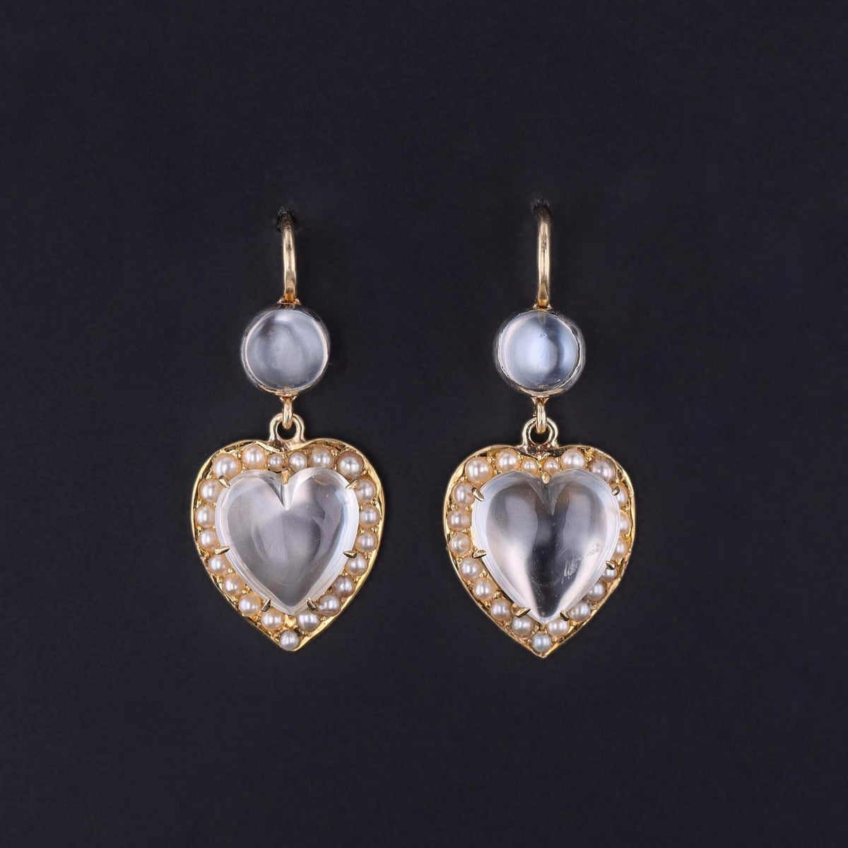 Antique Moonstone and Pearl Heart Earrings of 14k Gold - Trademark Antiques