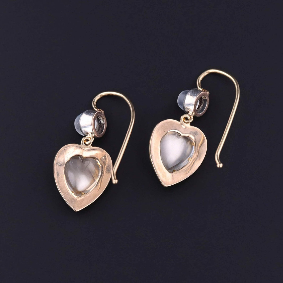 Antique Moonstone and Pearl Heart Earrings of 14k Gold - Trademark Antiques