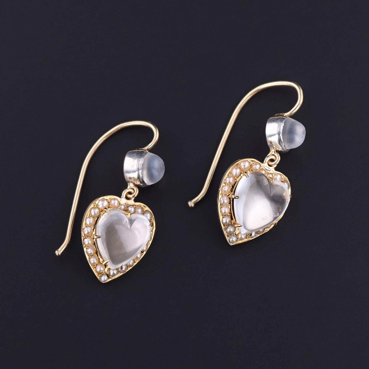 Antique Moonstone and Pearl Heart Earrings of 14k Gold - Trademark Antiques