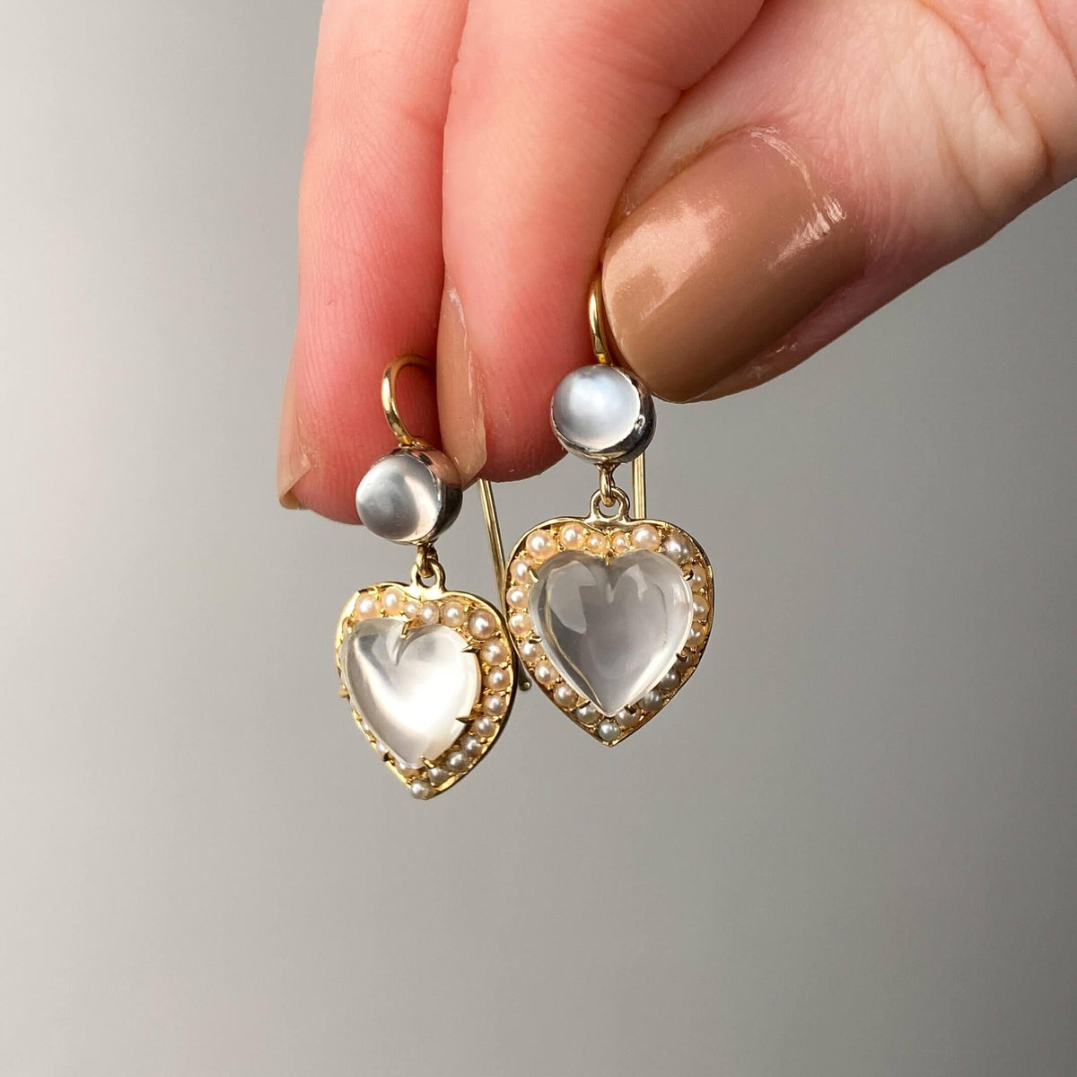 Antique Moonstone and Pearl Heart Earrings of 14k Gold - Trademark Antiques
