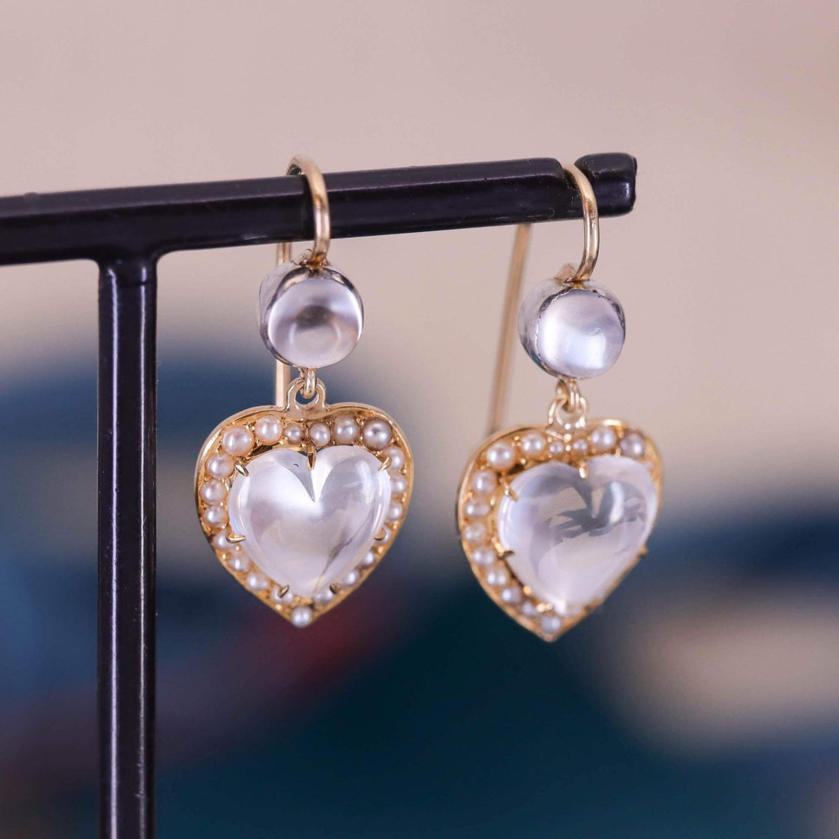 Antique Moonstone and Pearl Heart Earrings of 14k Gold - Trademark Antiques