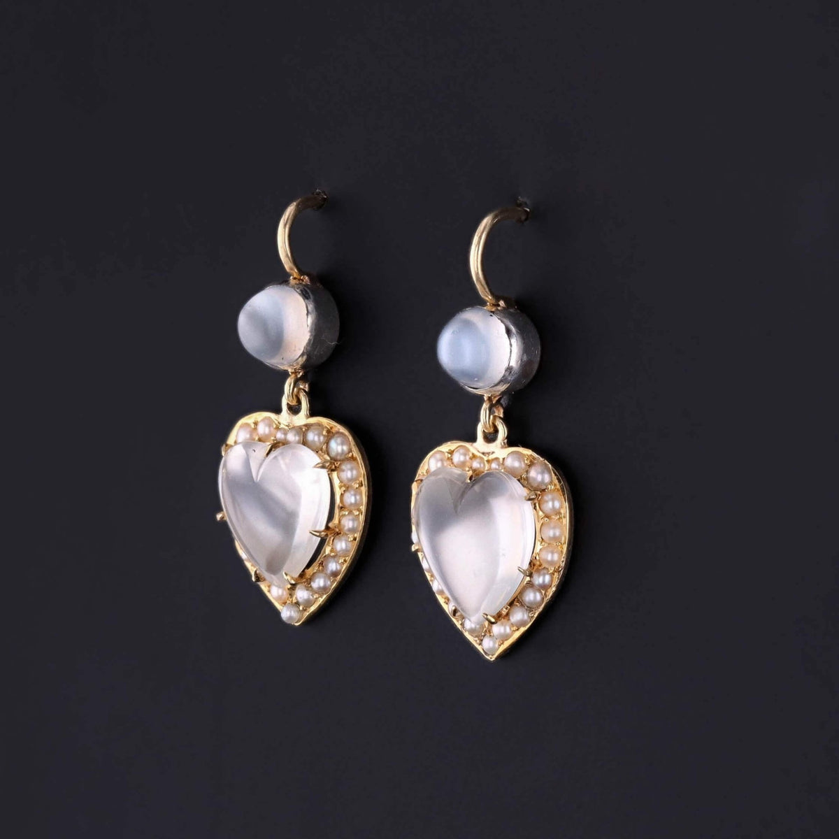 Antique Moonstone and Pearl Heart Earrings of 14k Gold - Trademark Antiques