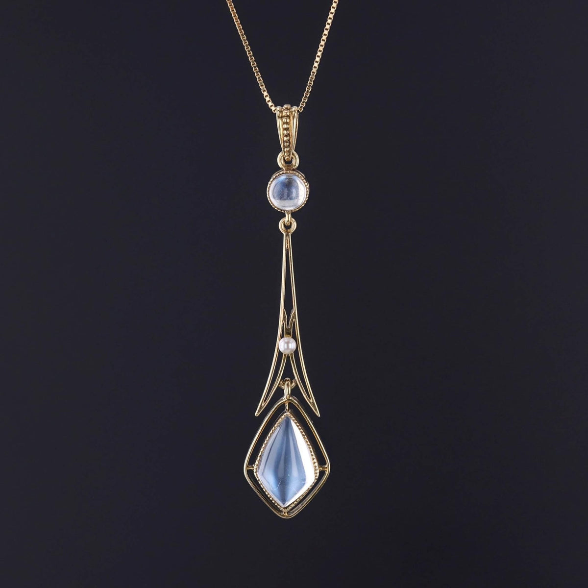 Antique Moonstone and Pearl Lavalier Pendant of 14k Gold - Trademark Antiques
