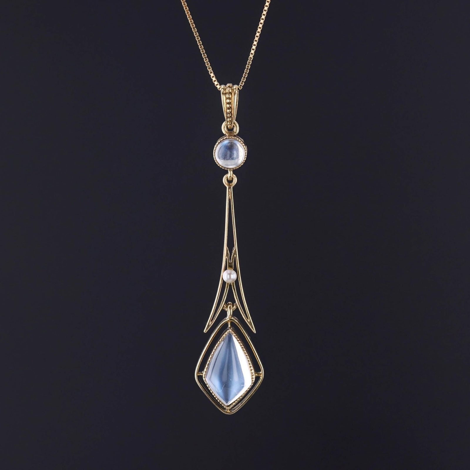 Antique Moonstone and Pearl Lavalier Pendant of 14k Gold - Trademark Antiques