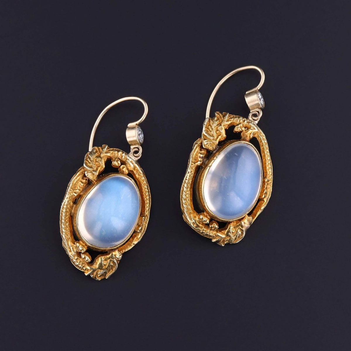 Antique Moonstone Dragon Earrings of 14k Gold - Trademark Antiques