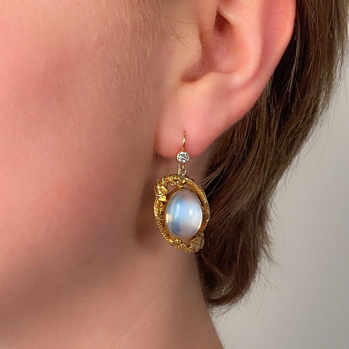 Antique Moonstone Dragon Earrings of 14k Gold - Trademark Antiques