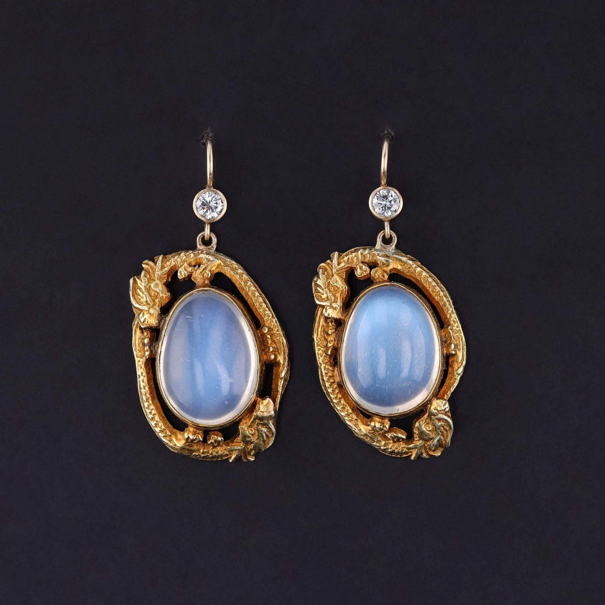 Antique Moonstone Dragon Earrings of 14k Gold - Trademark Antiques
