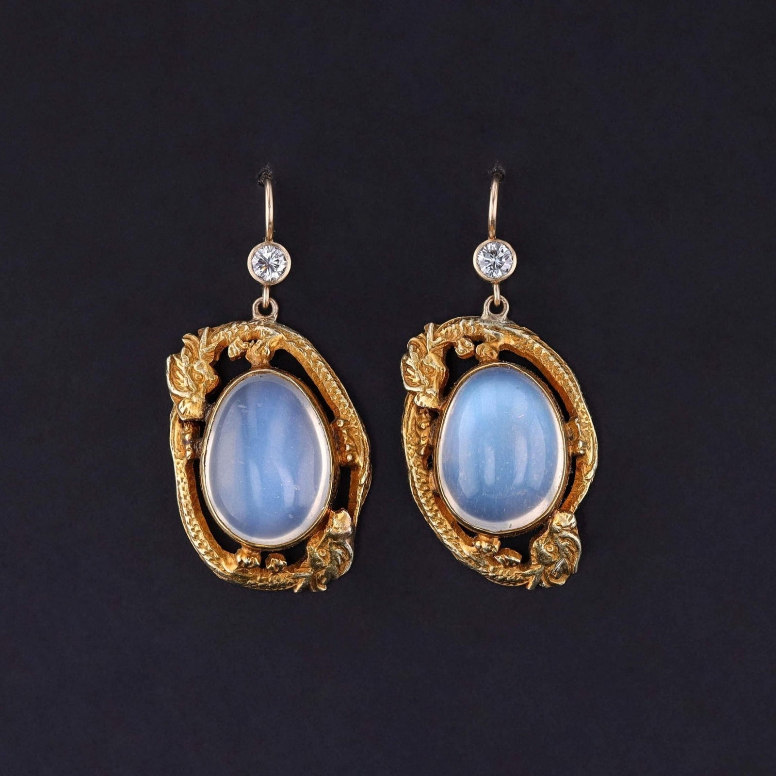 Antique Moonstone Dragon Earrings of 14k Gold - Trademark Antiques