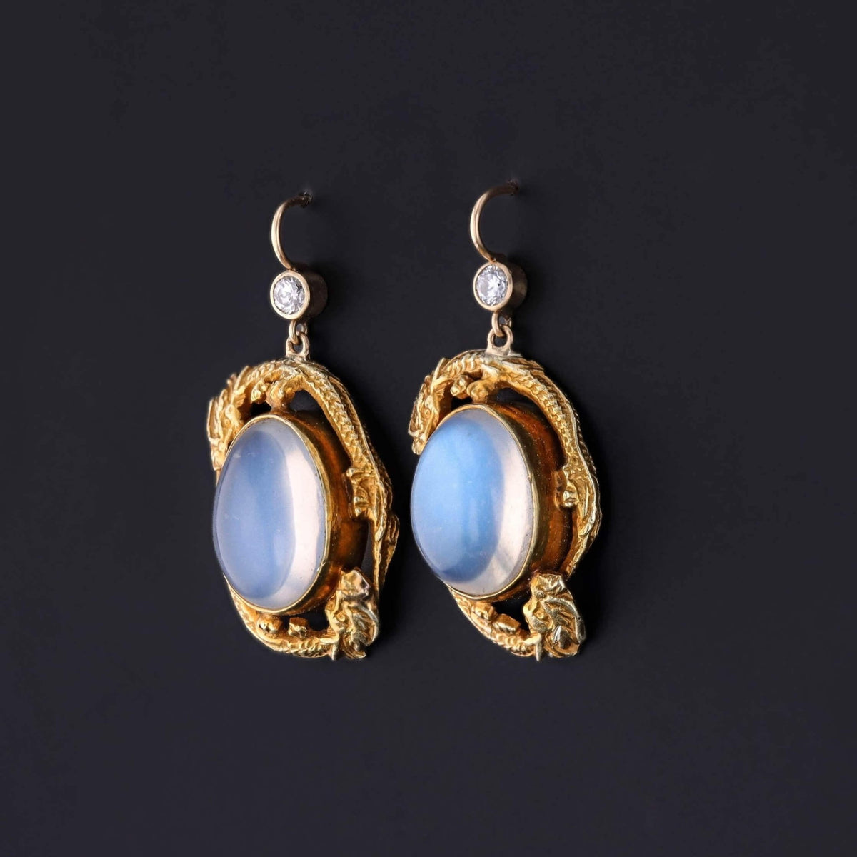 Antique Moonstone Dragon Earrings of 14k Gold - Trademark Antiques