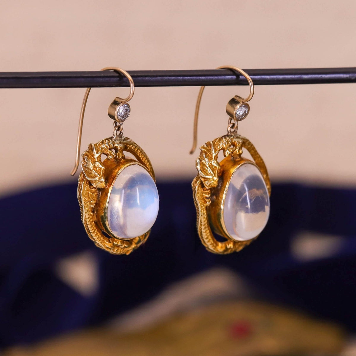 Antique Moonstone Dragon Earrings of 14k Gold - Trademark Antiques