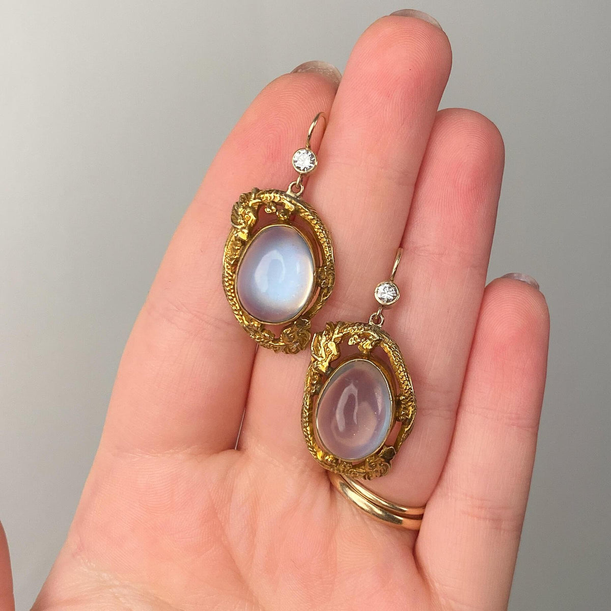 Antique Moonstone Dragon Earrings of 14k Gold - Trademark Antiques