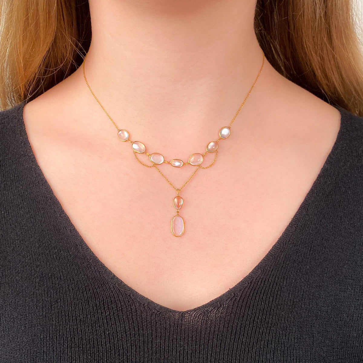 Antique Moonstone Festoon Necklace of 10k Gold - Trademark Antiques