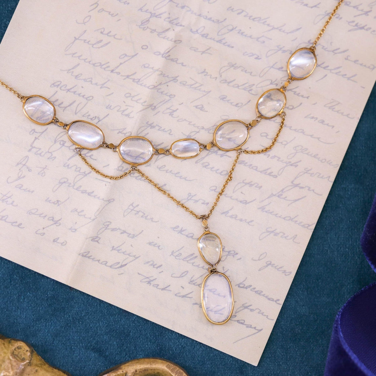 Antique Moonstone Festoon Necklace of 10k Gold - Trademark Antiques