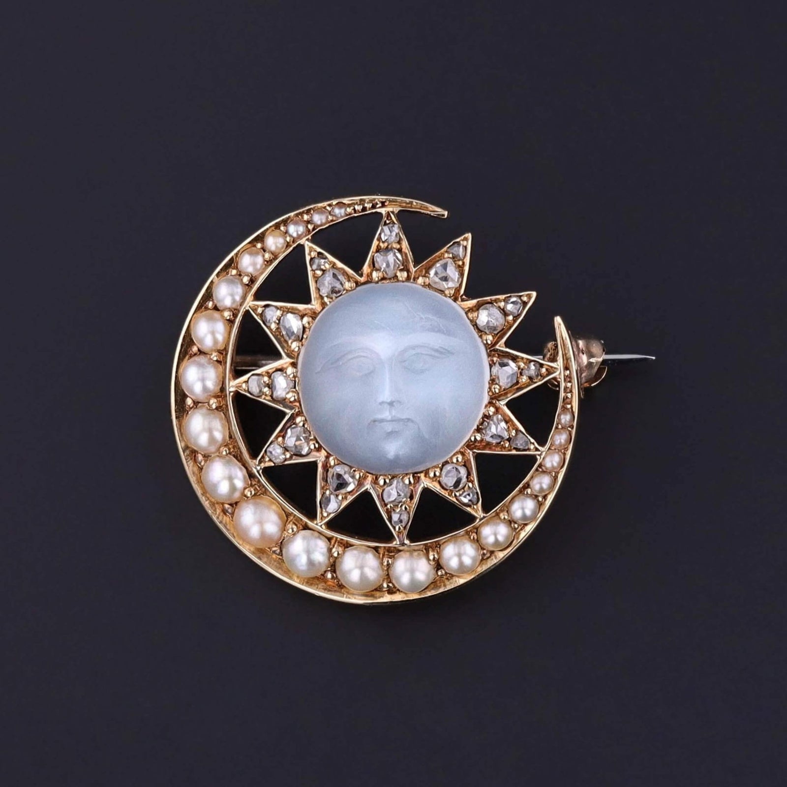 Antique Moonstone Man in the Moon Brooch of 15ct Gold - Trademark Antiques