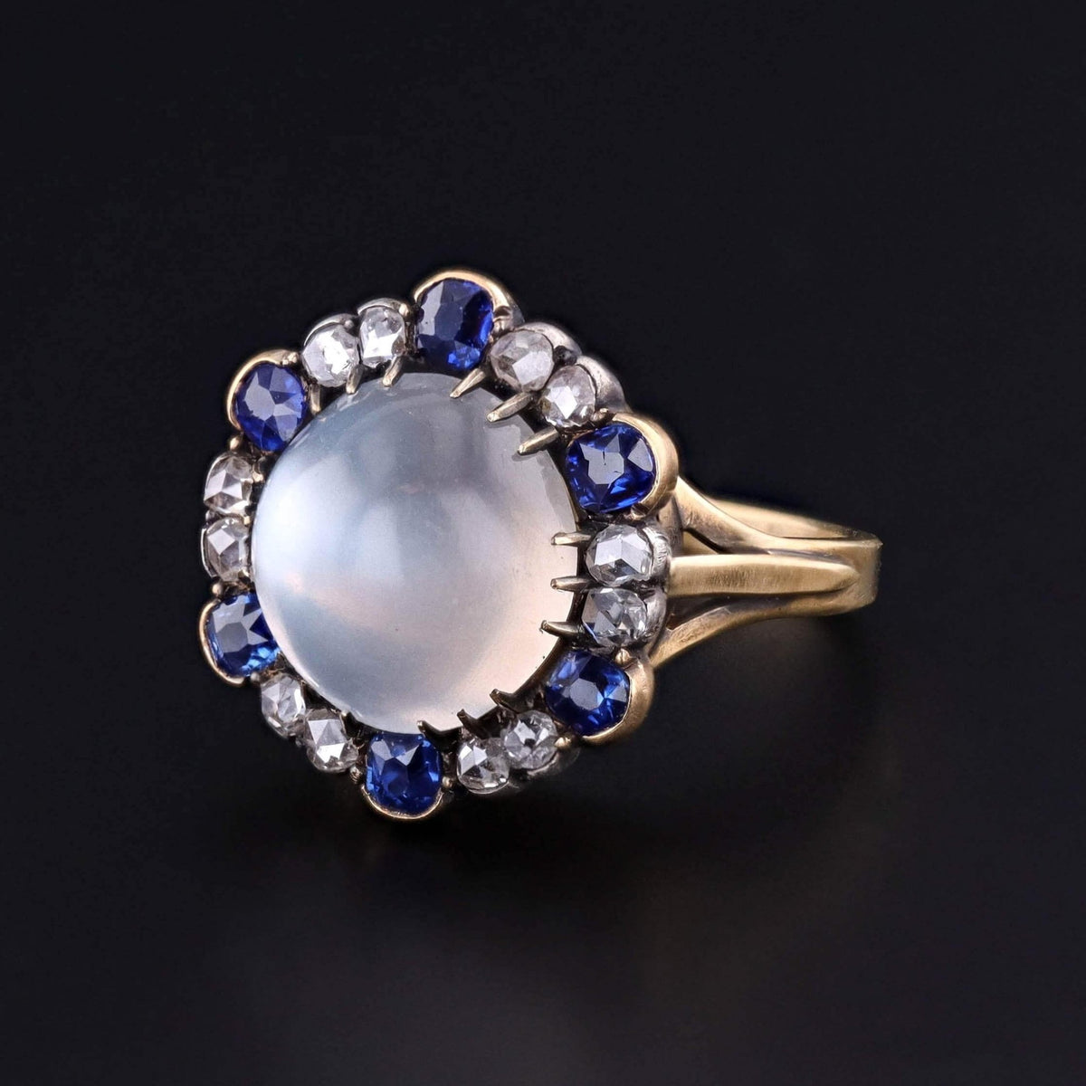 Antique Moonstone, Sapphire &amp; Diamond Ring of 18k Gold - Trademark Antiques