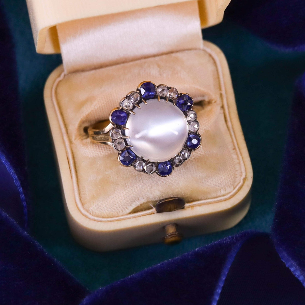 Antique Moonstone, Sapphire &amp; Diamond Ring of 18k Gold - Trademark Antiques