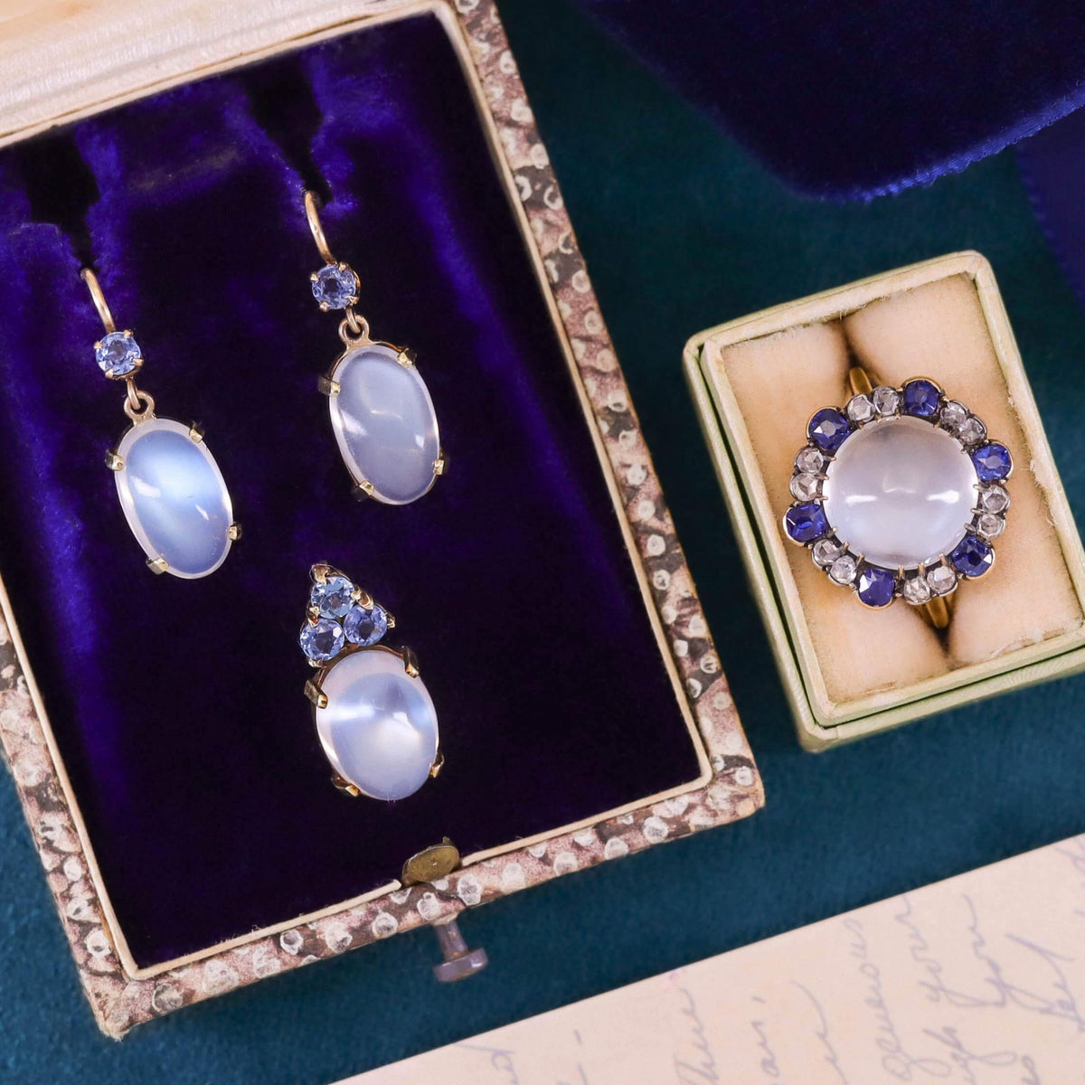 Antique Moonstone, Sapphire &amp; Diamond Ring of 18k Gold - Trademark Antiques