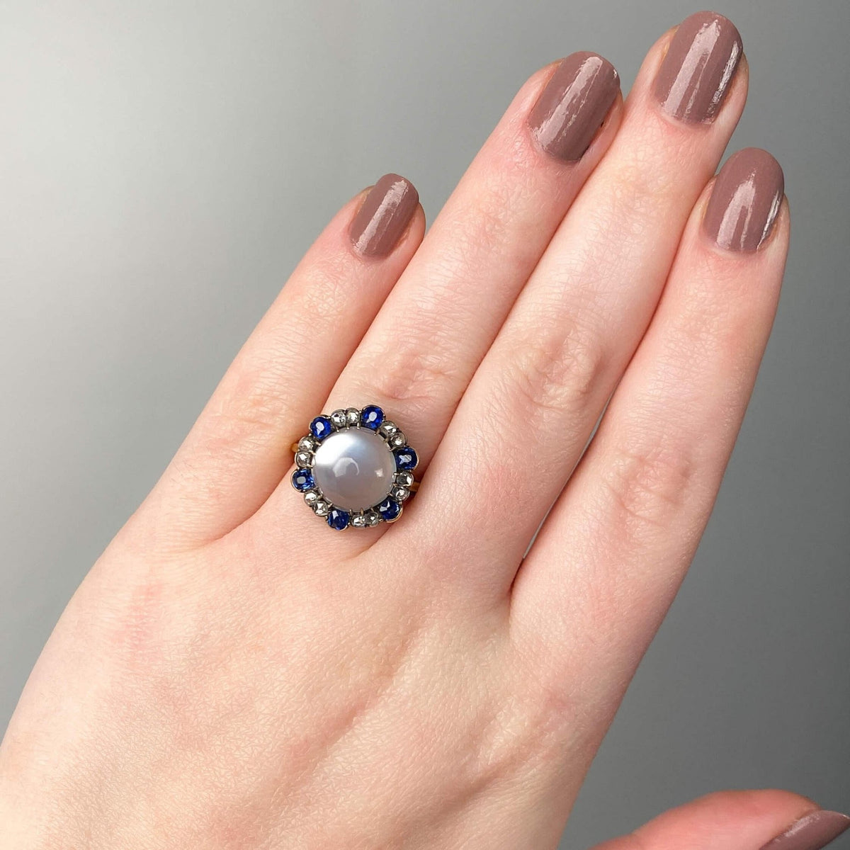 Antique Moonstone, Sapphire &amp; Diamond Ring of 18k Gold - Trademark Antiques
