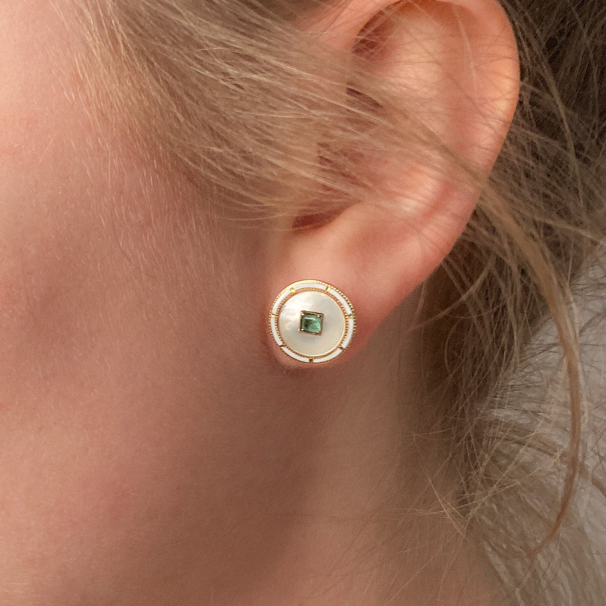 Antique Mother of Pearl, Emerald, &amp; Enamel Earrings - Trademark Antiques