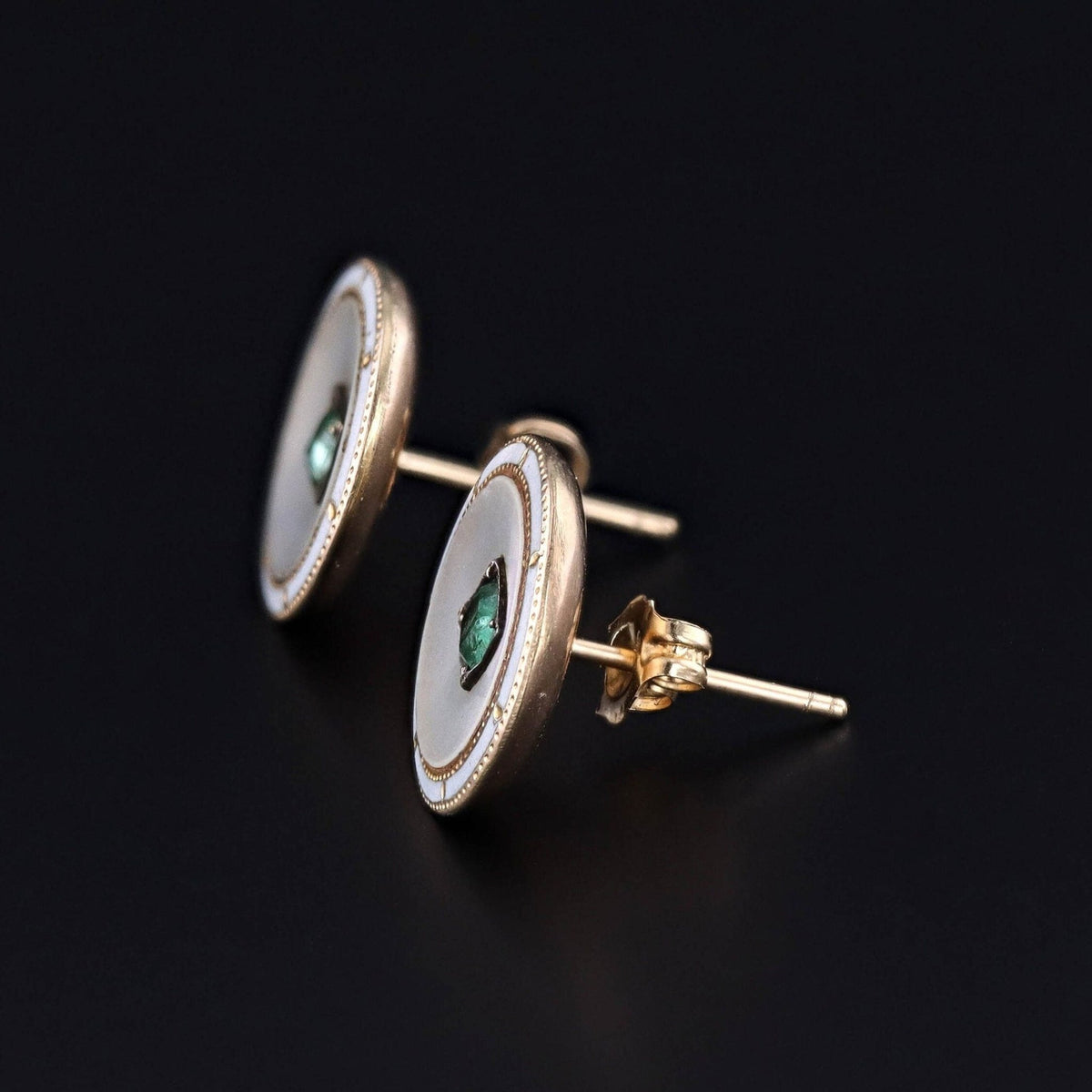 Antique Mother of Pearl, Emerald, &amp; Enamel Earrings - Trademark Antiques