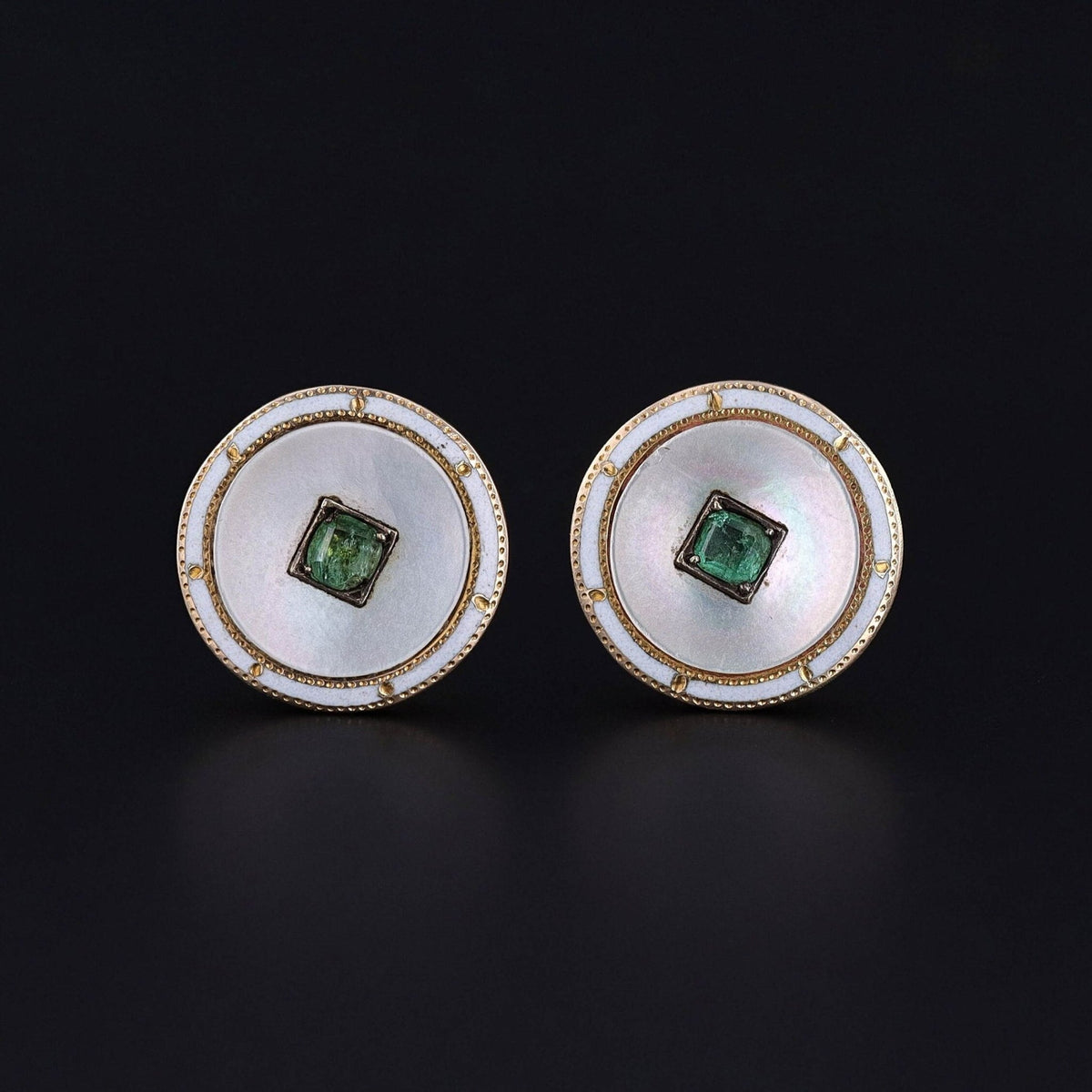 Antique Mother of Pearl, Emerald, &amp; Enamel Earrings - Trademark Antiques