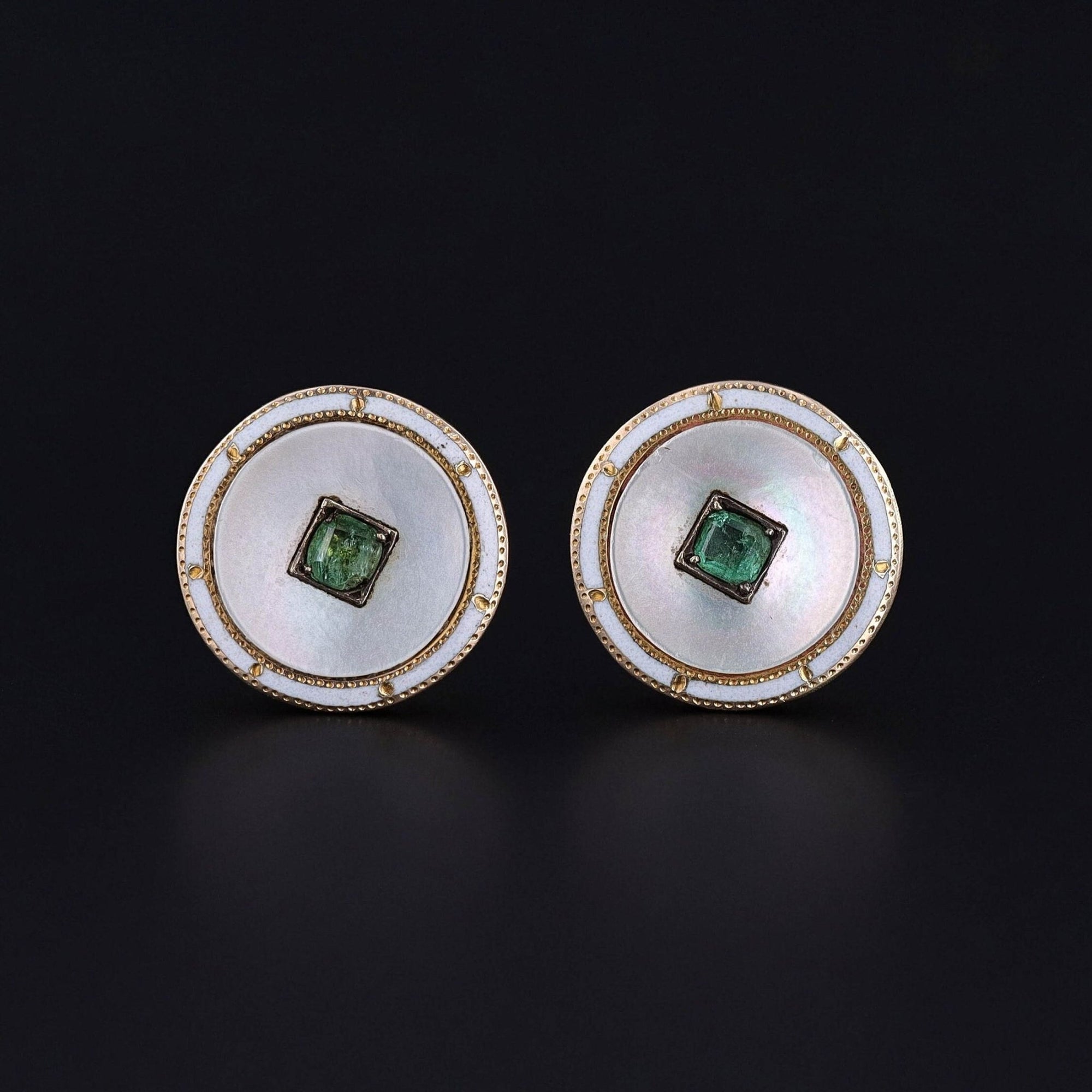 Antique Mother of Pearl, Emerald, & Enamel Earrings - Trademark Antiques