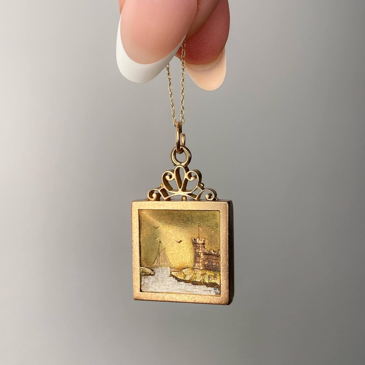 Antique Nautical Scene Pendant of Tri Color Gold &amp; Platinum - Trademark Antiques
