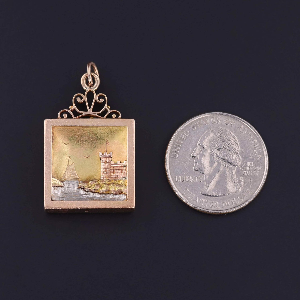 Antique Nautical Scene Pendant of Tri Color Gold &amp; Platinum - Trademark Antiques