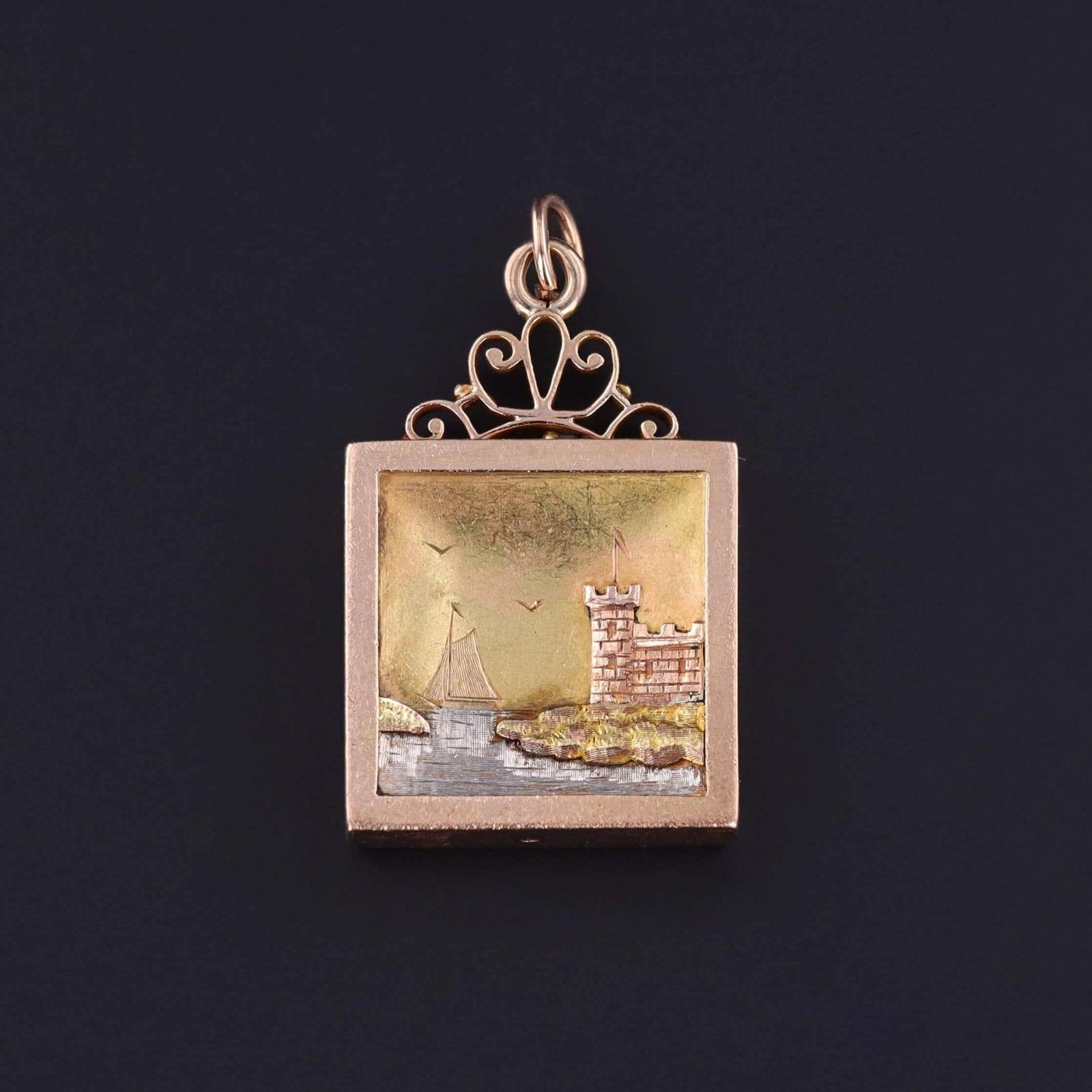 Antique Nautical Scene Pendant of Tri Color Gold & Platinum - Trademark Antiques