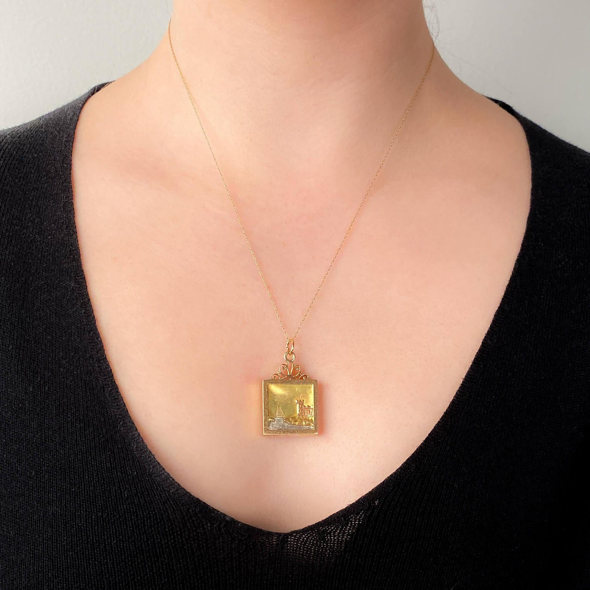 Antique Nautical Scene Pendant of Tri Color Gold &amp; Platinum - Trademark Antiques