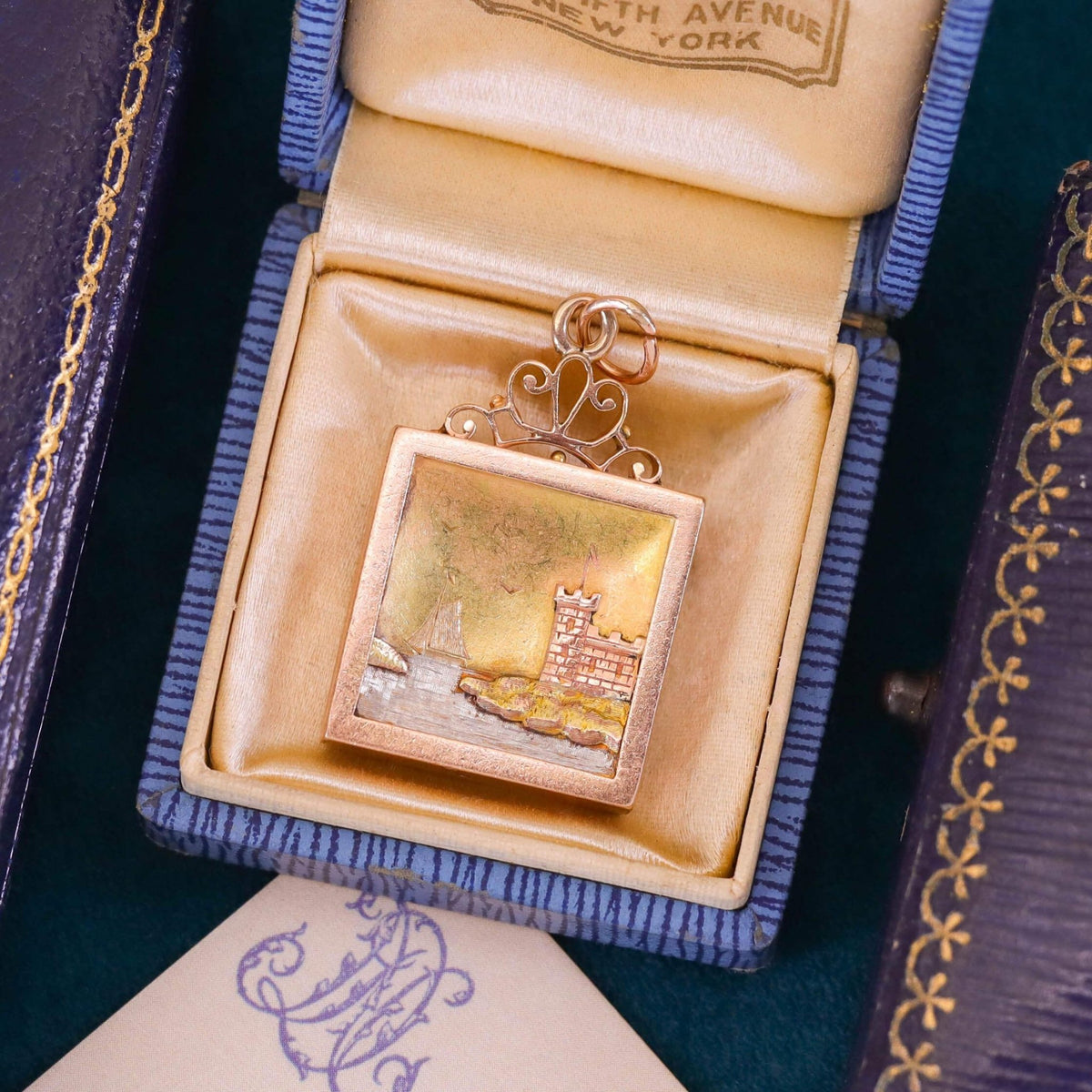 Antique Nautical Scene Pendant of Tri Color Gold &amp; Platinum - Trademark Antiques
