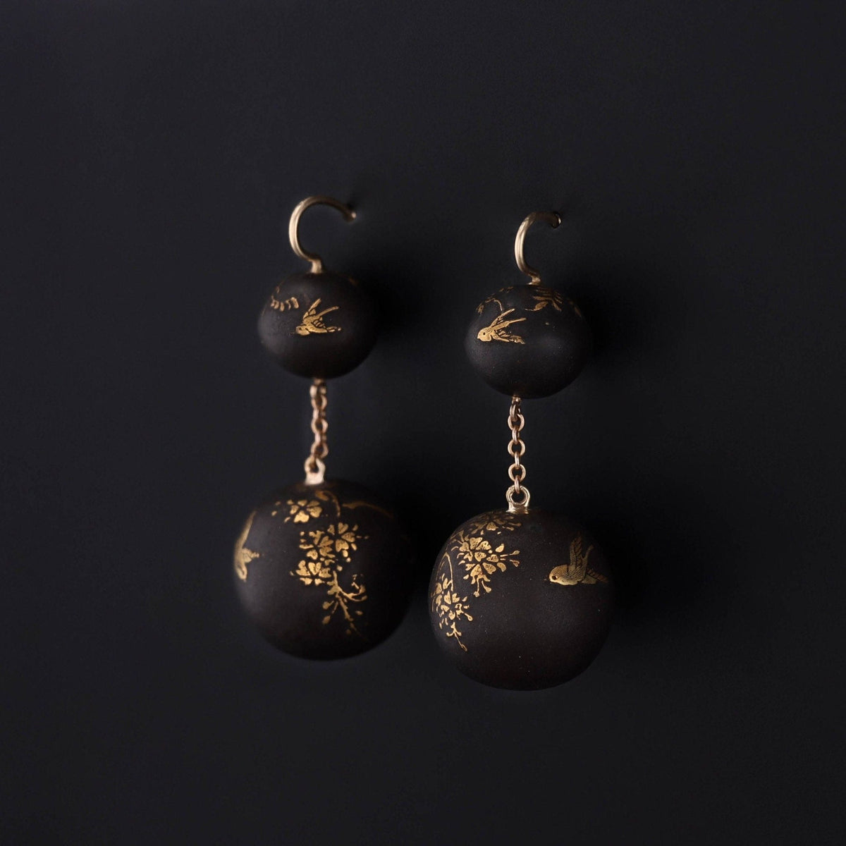 Antique Niello Bead Conversion Earrings of 14k Gold - Trademark Antiques