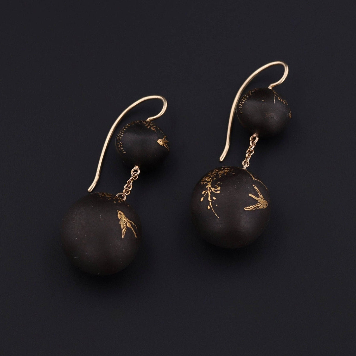 Antique Niello Bead Conversion Earrings of 14k Gold - Trademark Antiques