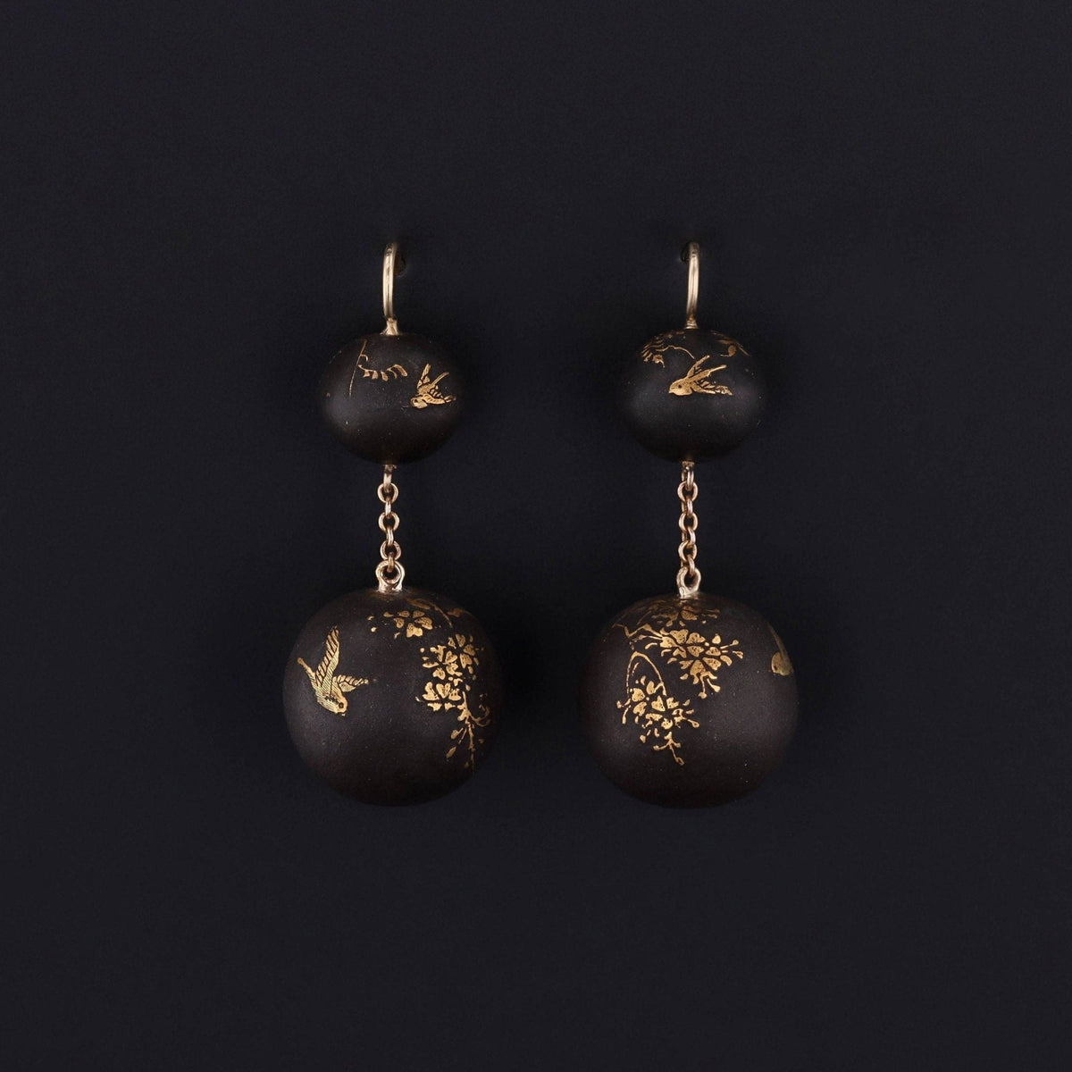 Antique Niello Bead Conversion Earrings of 14k Gold - Trademark Antiques