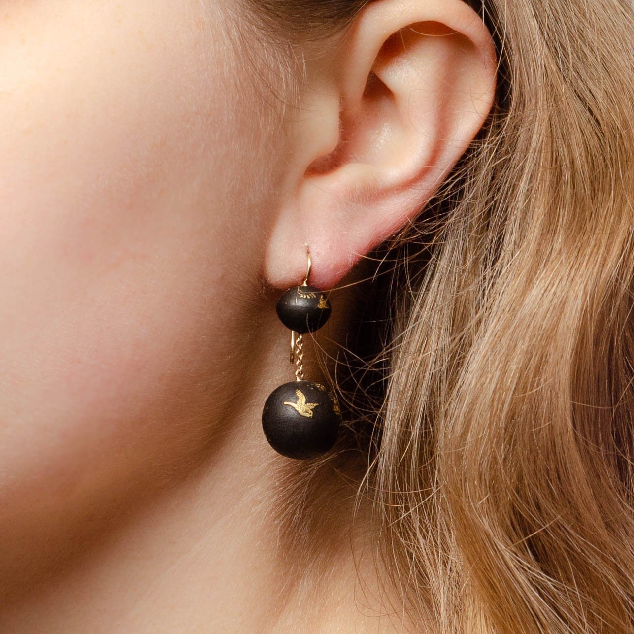 Antique Niello Bead Conversion Earrings of 14k Gold - Trademark Antiques