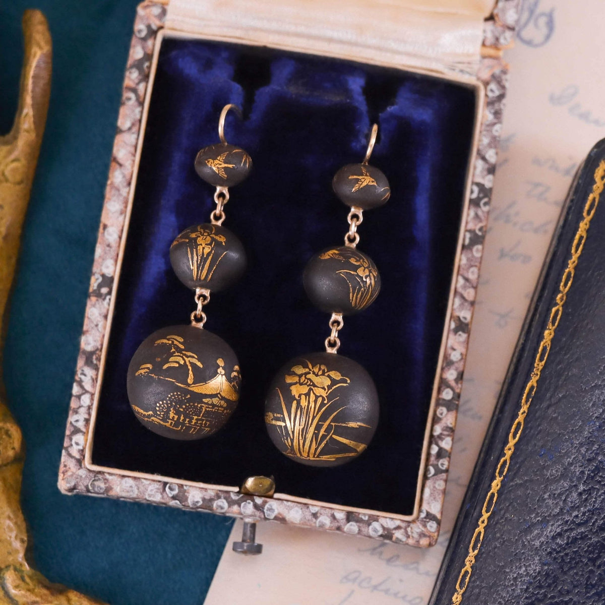 Antique Niello Bead Earrings of 14k Gold - Trademark Antiques