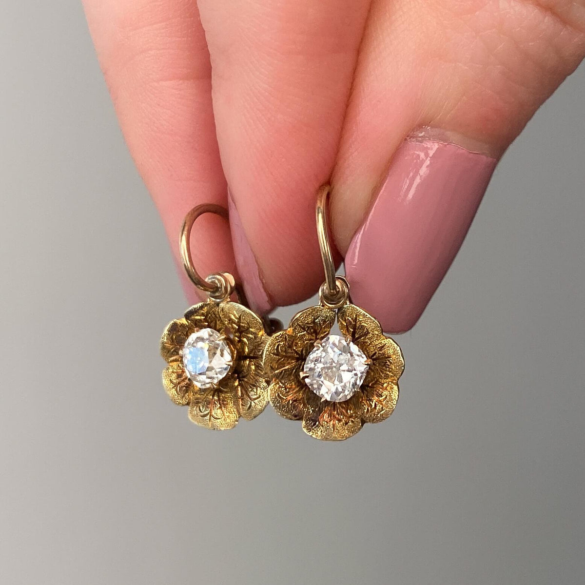 Antique Old Mine Cut Diamond Flower Earrings of 14k Gold - Trademark Antiques