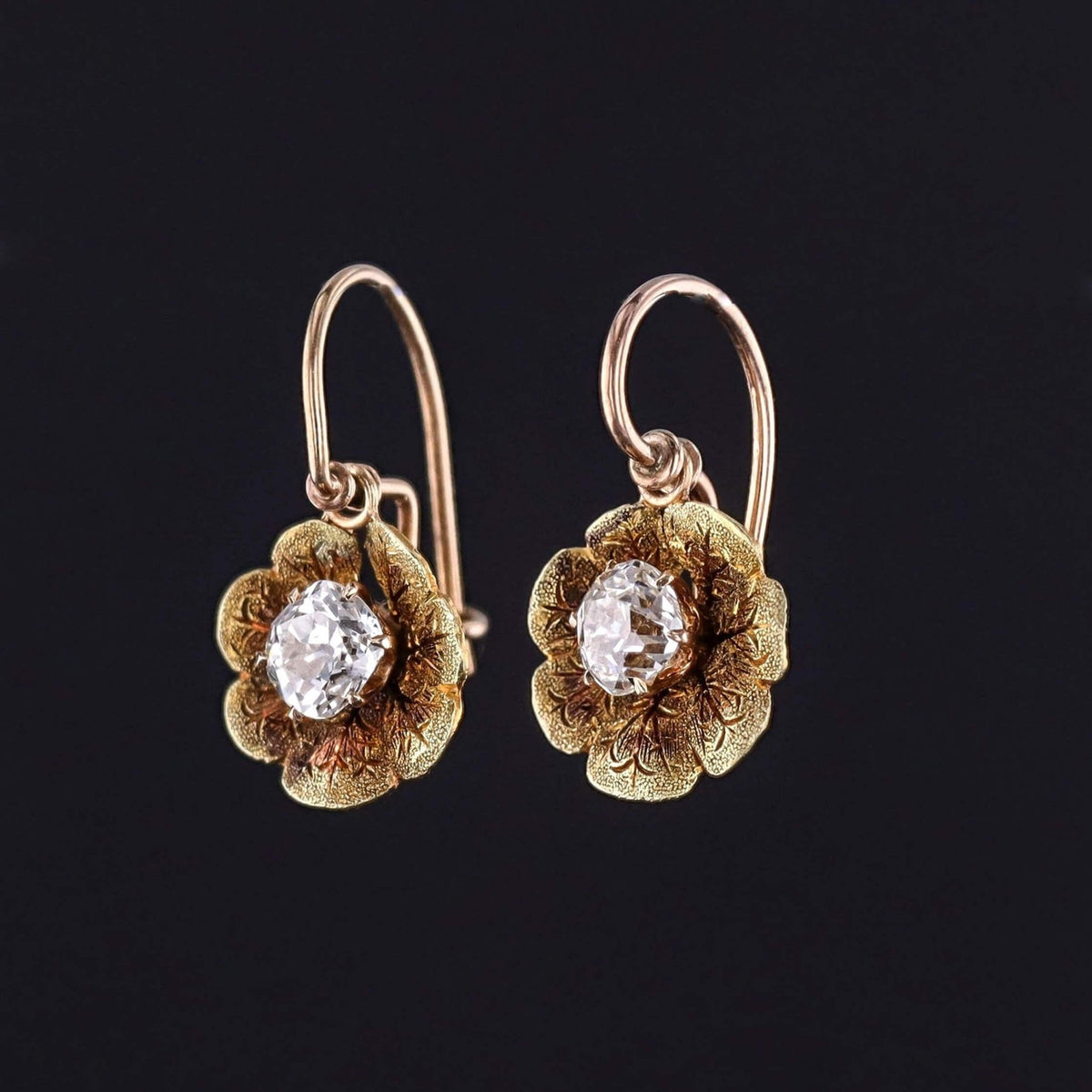 Antique Old Mine Cut Diamond Flower Earrings of 14k Gold - Trademark Antiques