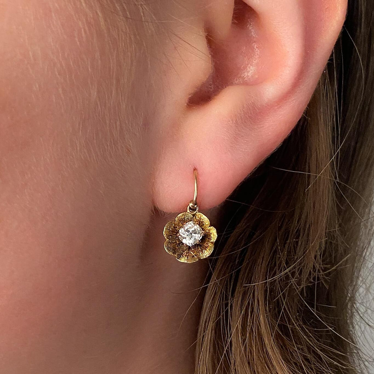 Antique Old Mine Cut Diamond Flower Earrings of 14k Gold - Trademark Antiques