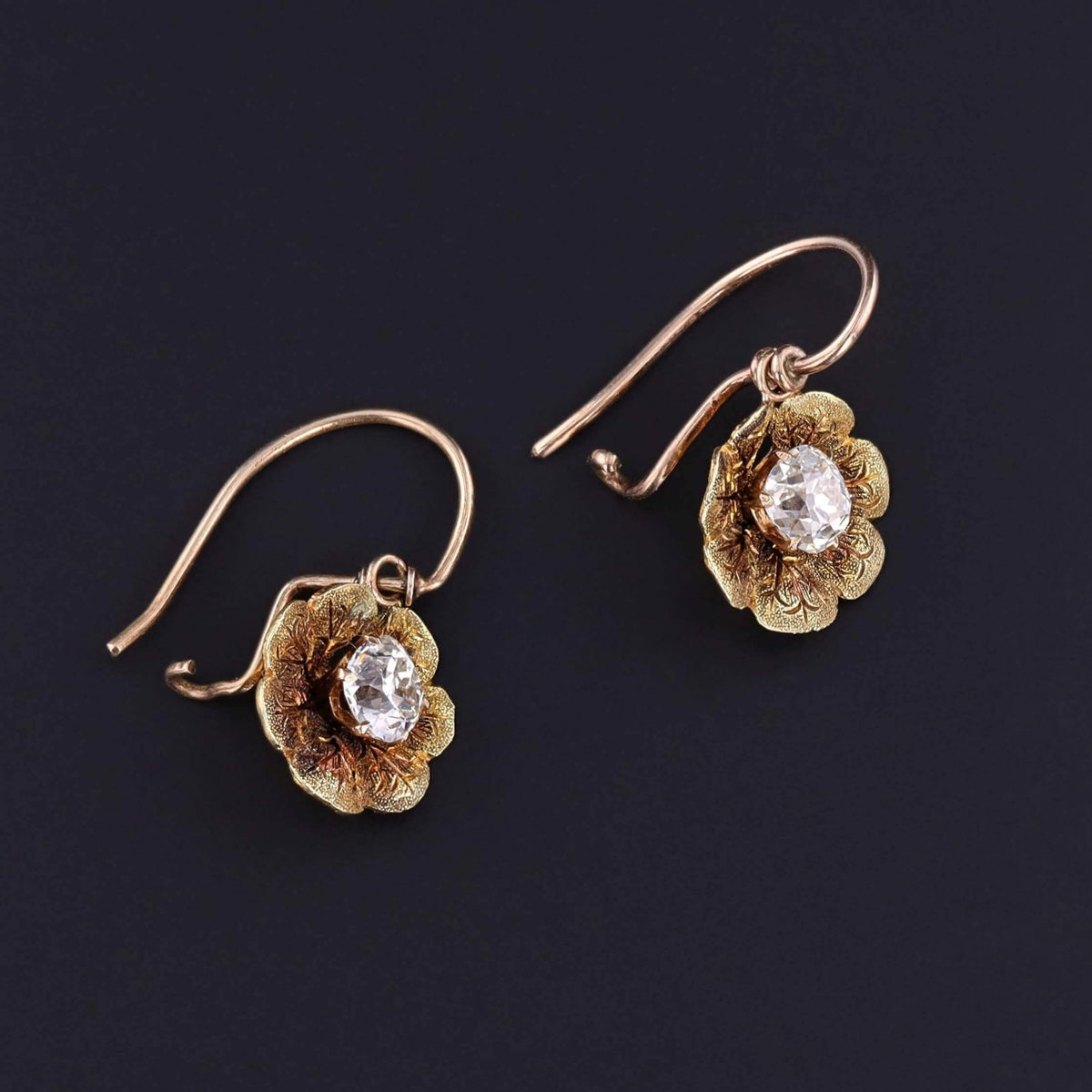 Antique Old Mine Cut Diamond Flower Earrings of 14k Gold - Trademark Antiques