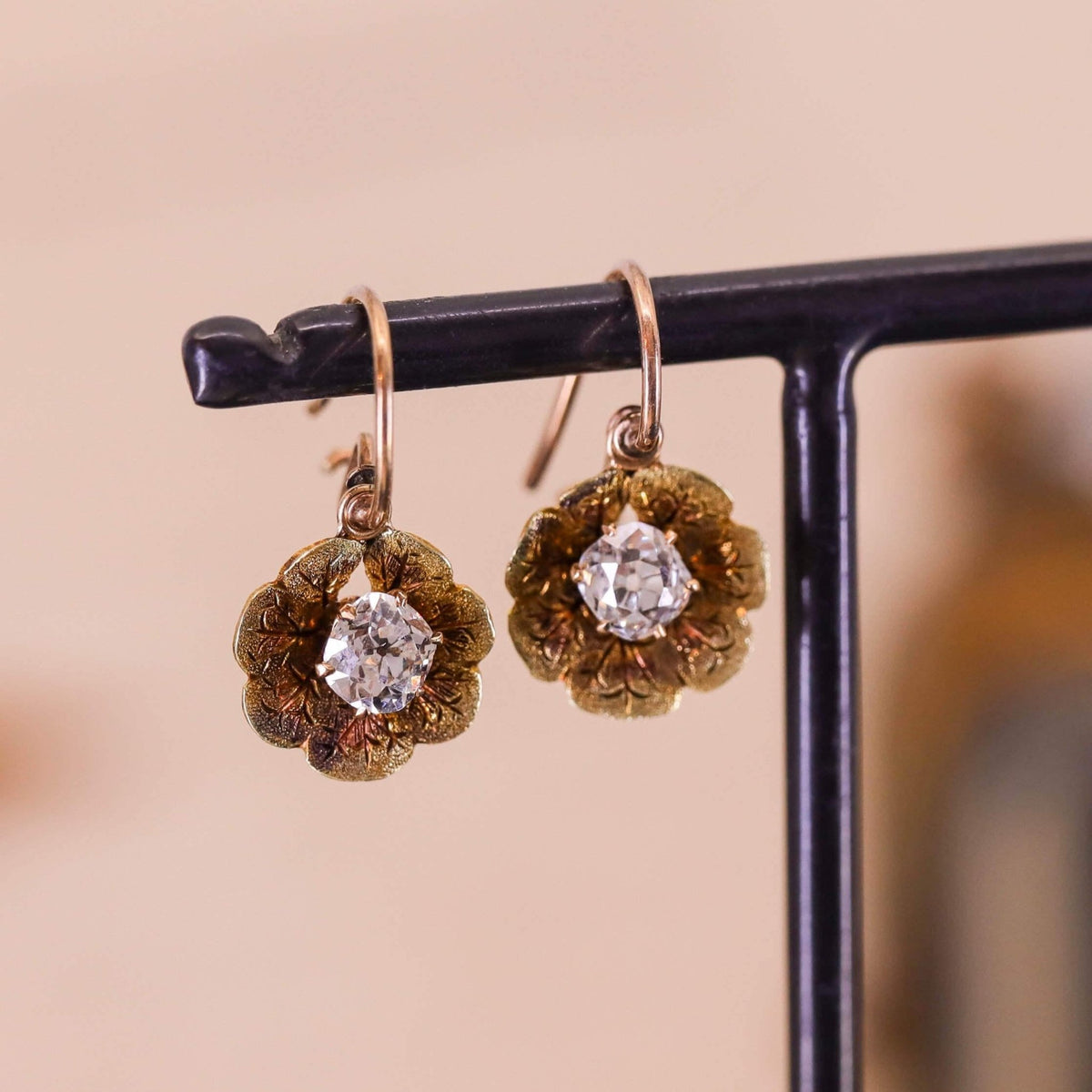 Antique Old Mine Cut Diamond Flower Earrings of 14k Gold - Trademark Antiques