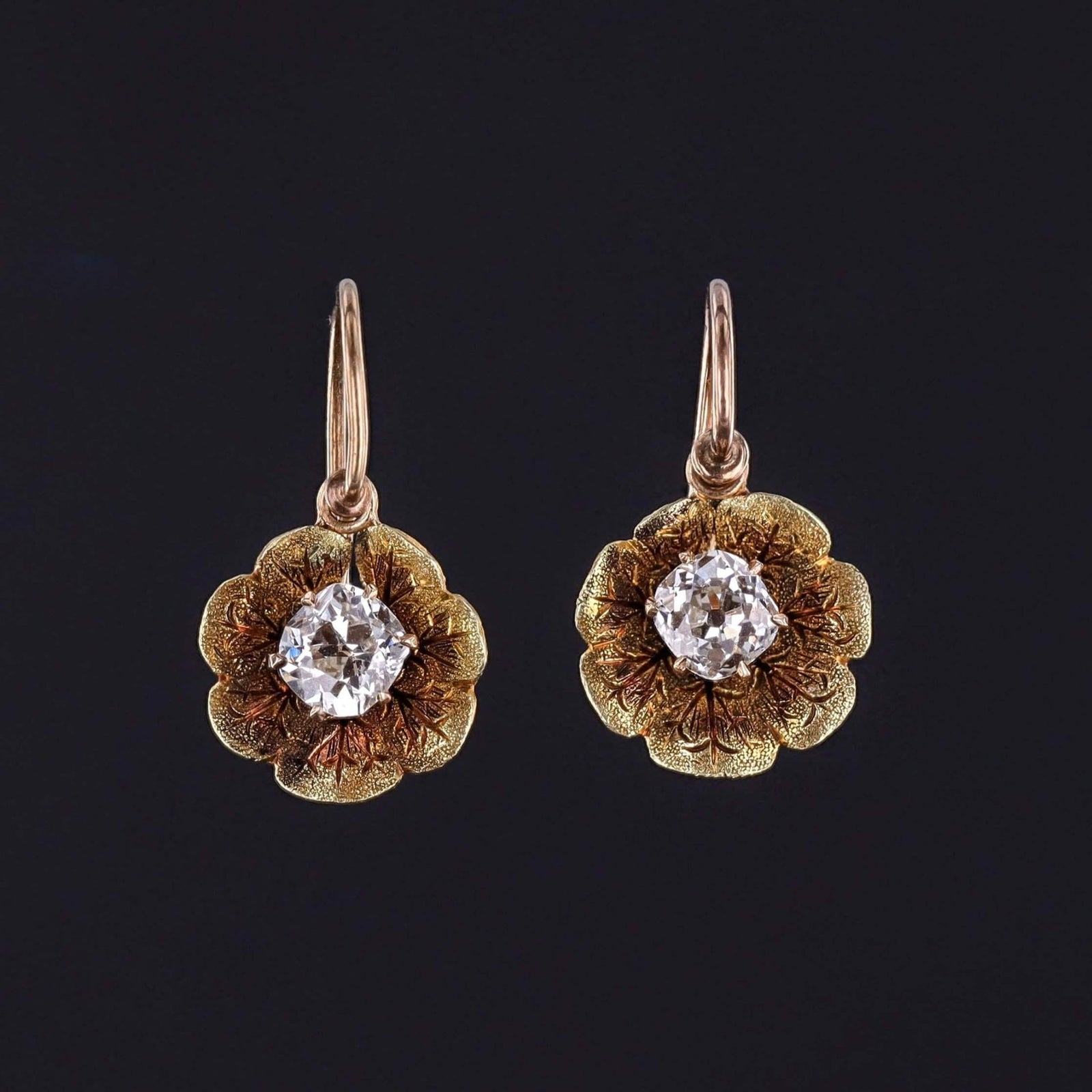 Antique Old Mine Cut Diamond Flower Earrings of 14k Gold - Trademark Antiques