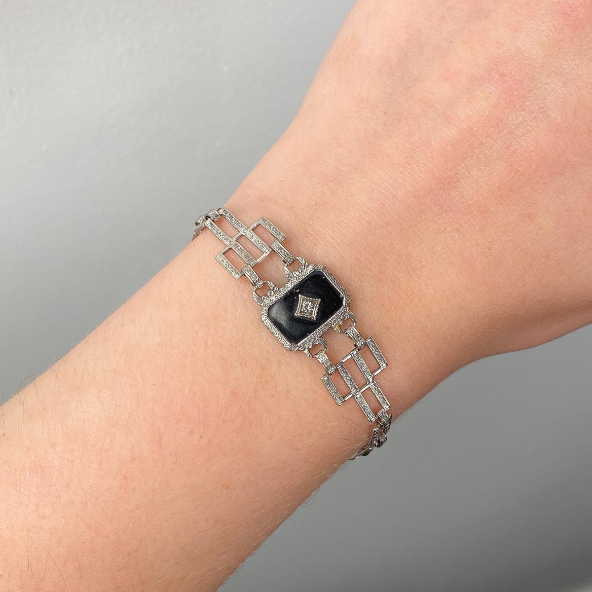 Antique Onyx and Diamond Bracelet of 10k White Gold - Trademark Antiques