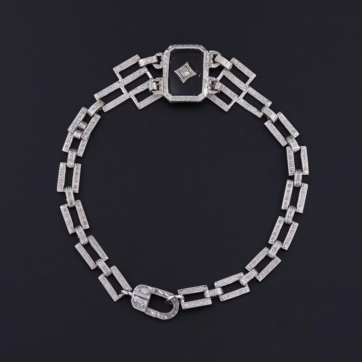Antique Onyx and Diamond Bracelet of 10k White Gold - Trademark Antiques