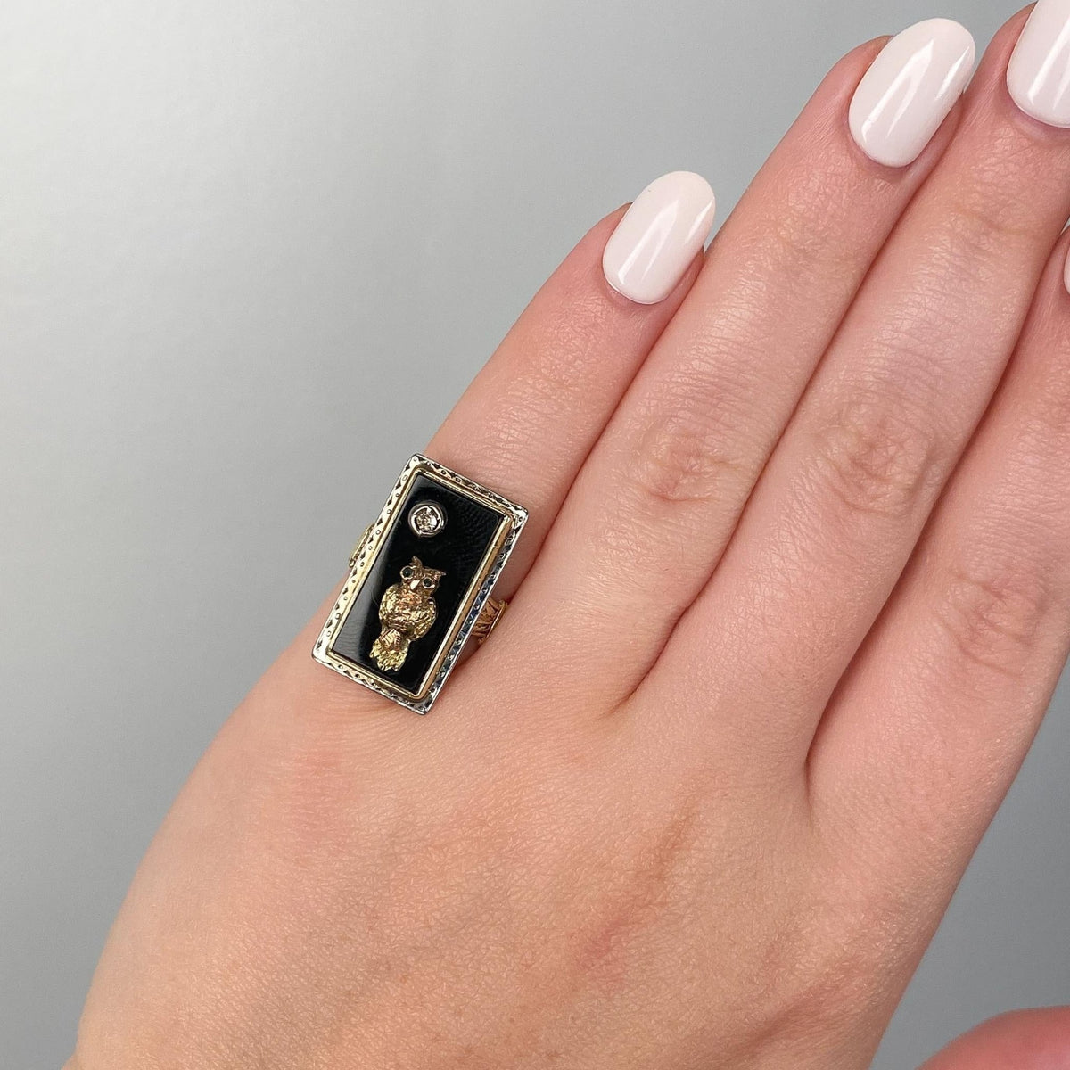 Antique Onyx and Diamond Owl Ring of 14k Gold - Trademark Antiques